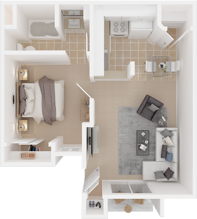 Floor plan for 1 bed, 1 bath, 539 sqft